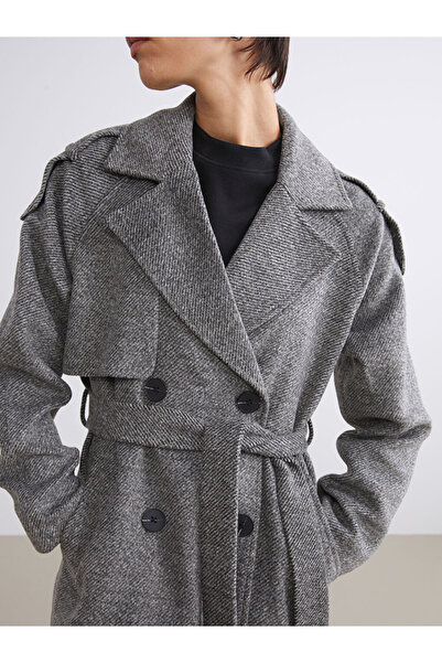 LC Waikiki Vision Gray Jacket Collar Patterned Oversized Women's Cashmere Coat