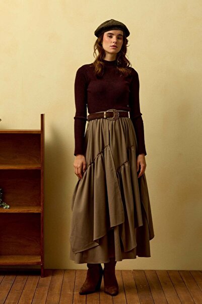 Ceylan Otantik Mink Striped Polyviscose Bohemian Floor Skirt