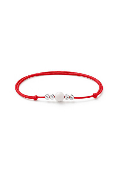 HANNY Red string bracelet with silver balls and semi-precious stone – adjustable