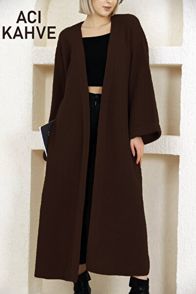 ALCHON V-Neck Folded Wide Long Sleeve Self-Textured Thick Full Ankle Length Knitwear Cardigan Winter Comfortable