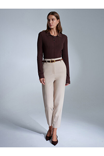 Dilvin 72198 Belted High Waist Trousers-Stone