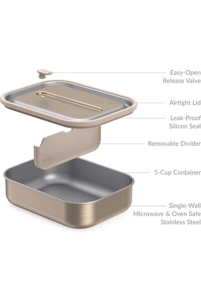 Bentgo MicroSteel Leak-Proof Stainless Steel Lunch Box with Removable Divider, 5-Cup, Gold
