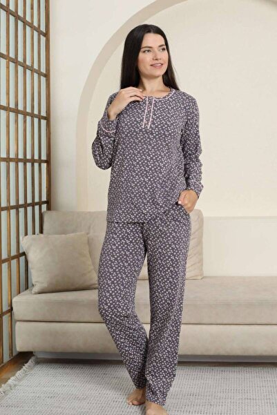 ALİMER Set de pijamale pentru femei - cu mâneci lungi cu model de margarete prune material elastic bumbac 2881UK