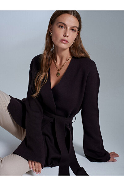 Dilvin 61002 Double-Breasted Belted Wool Blend Knitwear Cardigan-Dark Brown