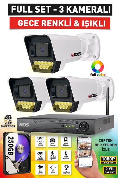 IDS 3 KAMERALI 9 LED RENKLİ GECE GÖRÜŞLÜ FULLHD GÜVENLİK KAMERASI SETİ - CEPT...