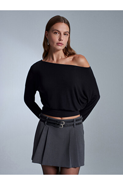 Dilvin 32306 Wool Blend One Shoulder Top-Black