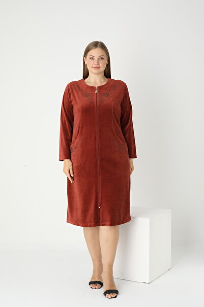 STELLETO Plus Size Collarless Zippered Stone Embroidered Long Sleeve Comfortable Winter Velvet Home Dress