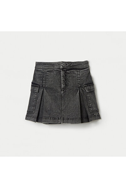 Lee Cooper Solid Denim Skirt with Pleats and Pockets