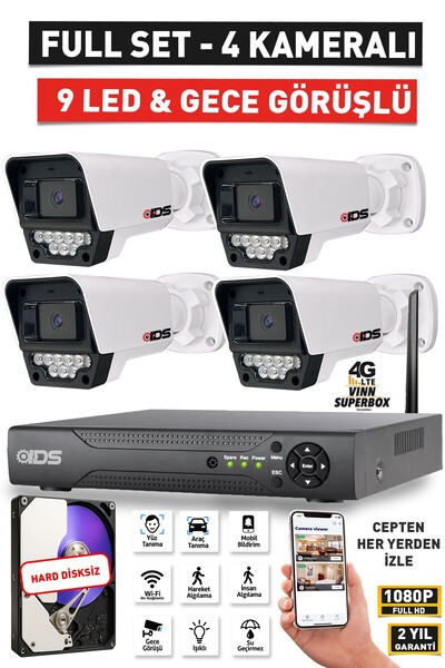 IDS 4 KAMERALI FULLHD 5MP LENSLİ GECE GÖRÜŞLÜ 9 LED GÜVENLİK KAMERASI SETİ - ...