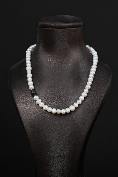 Luna Real Pearl Necklace with Apatite and Hematite Natural Stone Detail