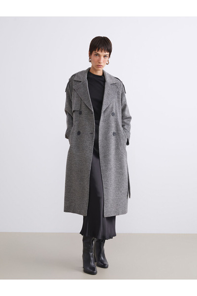 LC Waikiki Vision Gray Jacket Collar Patterned Oversized Women's Cashmere Coat