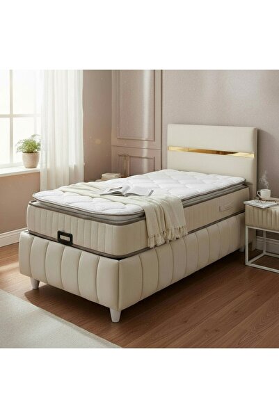 Sar Pakete 90x190 Krem–Antrasit Ultra Destekli Tek Kişilik Baza & Başlık 3lü Set