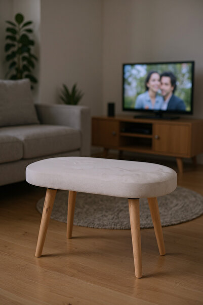 MEFAKS TEKSTİL Nordic Ahşap Ayaklı Ekru Beyaz Oval Puf Bench