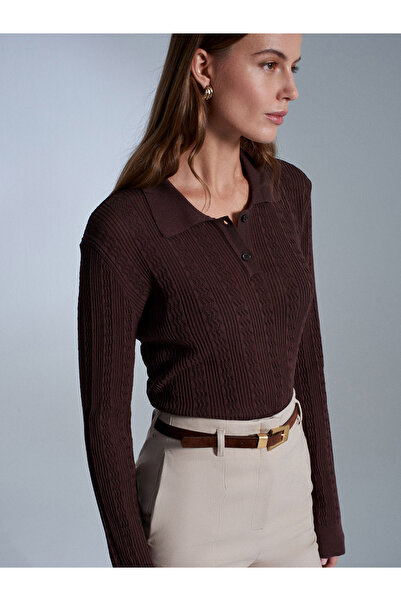 Dilvin 10827 Polo Neck Slim Knit Blouse-Brown