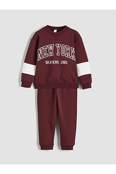 LC Waikiki Lcw Kids Burgundy cu imprimeu Hanorac pentru băieți tricou și pantaloni de trening