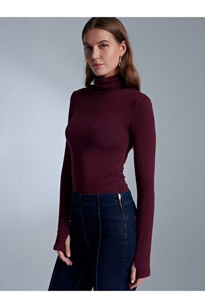 Dilvin 32253 Wool Blend Turtleneck Top-Burgundy