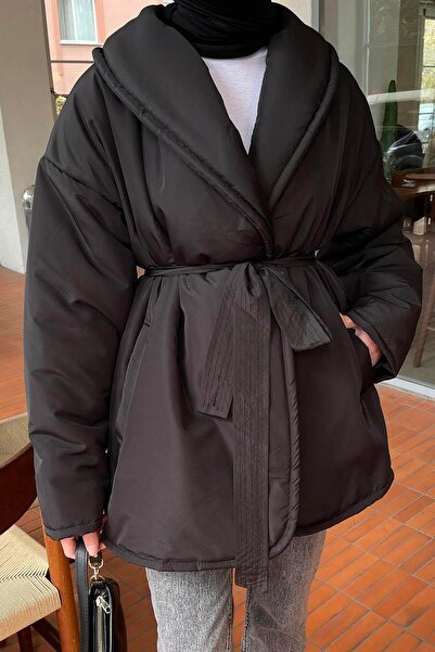 lamelif Plain Belted Puffer Coat Black