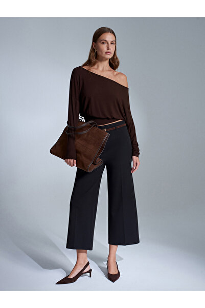 Dilvin 71276 Side Zippered Belted Fabric Trousers-Black