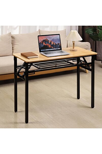 Lawazim Two-layer Folding Table 80×40 cm, Brown — MDF Folding Desk with Storage Shelf and Iron Frame (No