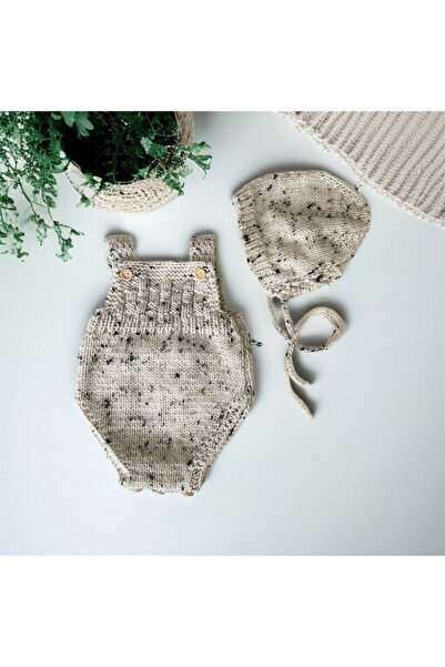 The Cloudish Shop Baby Hand-Knitted Romper Hat Set White - Black Coffee Grayish 3-6 Months