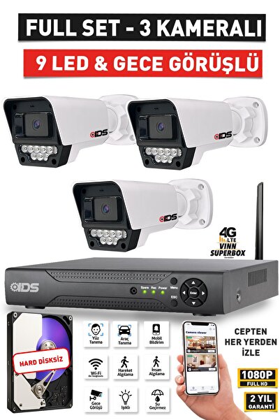 IDS 3 KAMERALI 9 LED GECE GÖRÜŞLÜ FULLHD GÜVENLİK KAMERASI SETİ - CEPTEN İZLE...