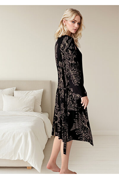 Loule Women's Black Floral Patterned 50% Cotton 50% Modal Dressing Gown Nightgown Set