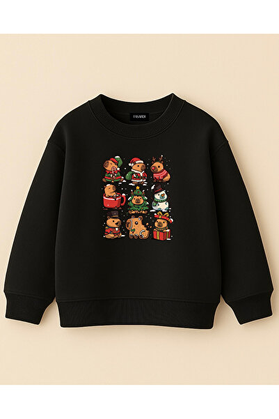 fasardi New Year Themed Capybara Capybara Printed Oversized 3 Threads. Long Sleeve Unisex Children's Sweatshirt Without Shardon