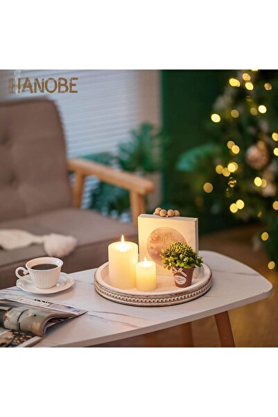 Hanobe Decorative Round Wooden Serving Tray, White-Washed Bead Edge, 30cm Rustic Farmhouse Centerpie