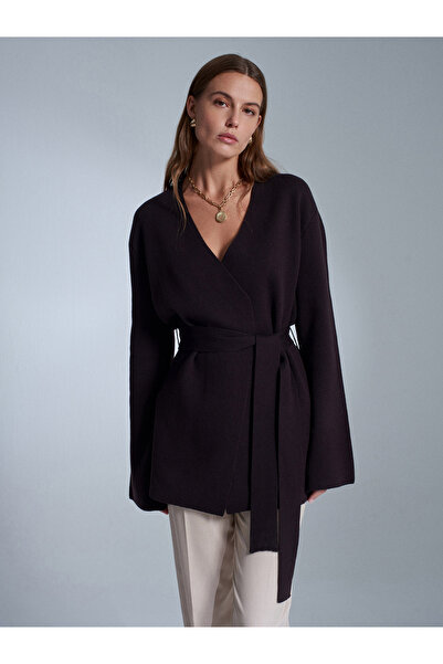 Dilvin 61002 Double-Breasted Belted Wool Blend Knitwear Cardigan-Dark Brown