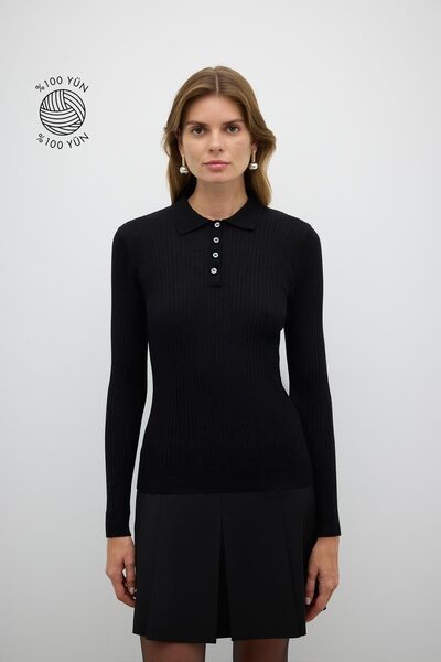 Roman %100 Yün Düğme Detaylı Triko Siyah K2671031_001