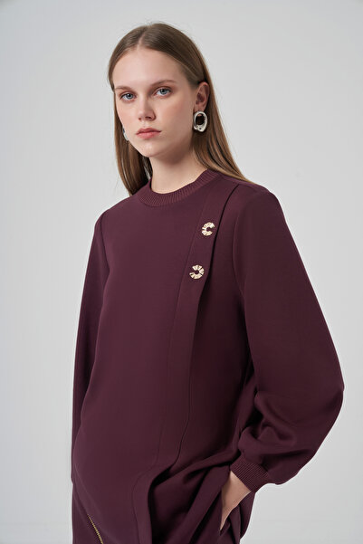 Nuss Stone Brooch and Zipper Detail Tunic Trousers Set 1024 Burgundy