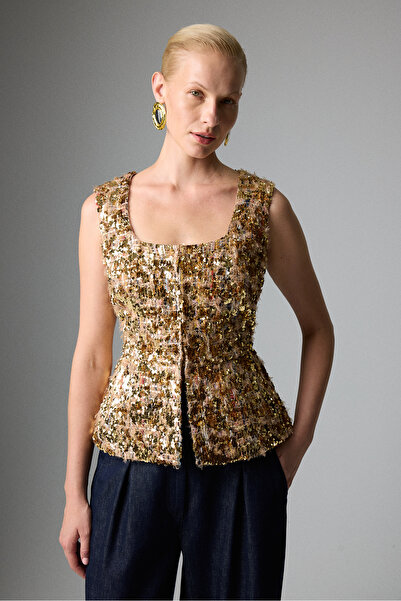 Roman Bele Oturan Kare Yaka Payetli Yelek Gold K2617018_076