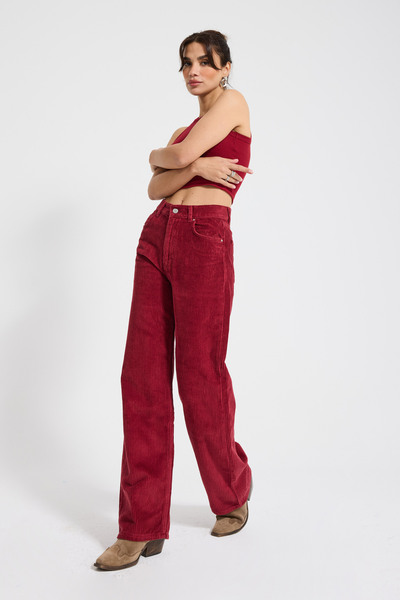 its basic Women's Burgundy Color 26W5-35 Straight Fit High Waist Thick Corded Fabric Velvet Velvet Fabric Trousers