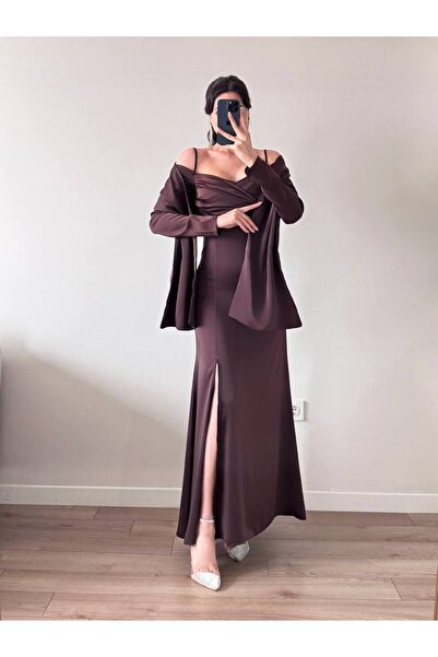 LOCH BUTİK Women's Brown Satin Strap Shawl Slit Maxi Dress