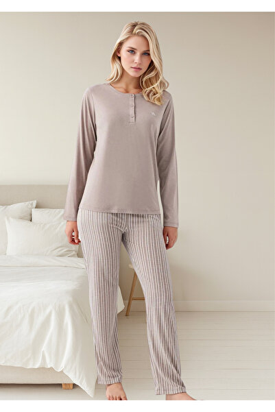 Loule Γυναικείο σετ πιτζάμες με ρίγες από 100% βαμβάκι με λεπτομέρεια με μισό κουμπί βιζόν