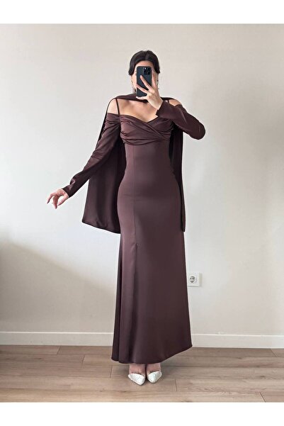 LOCH BUTİK Women's Brown Satin Strap Shawl Slit Maxi Dress