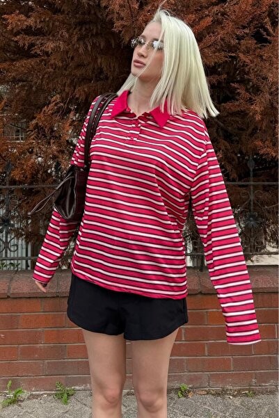 Madmext Red Striped Button Polo Neck Women's Long Sleeve T-Shirt Mg2574
