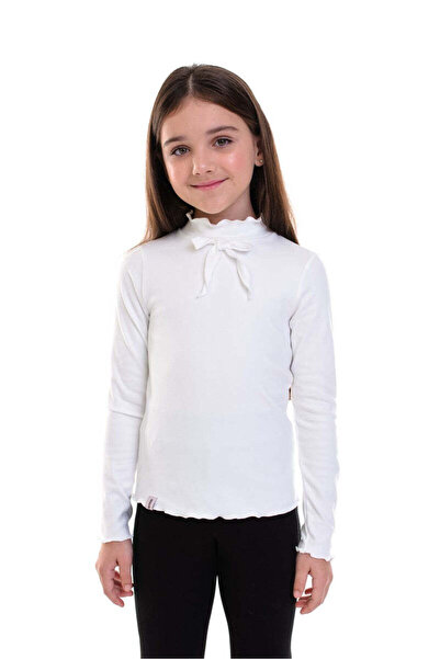 SOLLUXE KERENZA – Bluză din bumbac cu guler cu volane și fundă decorativă, alb, 140