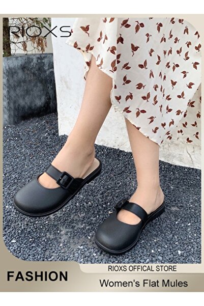 RIOXS Women's Flat Mules Half Drag Shoes For Women Girls Closed Toe Sandals L...