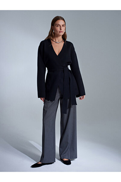 Dilvin 61002 Double-Breasted Belted Wool Blend Knitwear Cardigan-Black