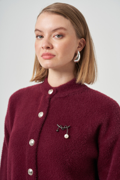 Nuss Button Detail Angora Cardigan 7005 Burgundy