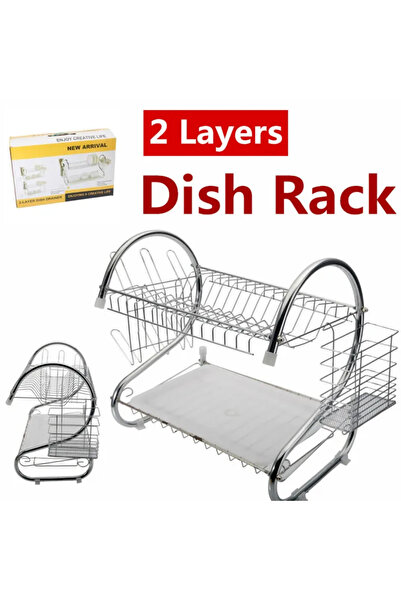 Miskat Trading 2 Layers Dish Rack Tableware Shelf Plate Cutlery Cup Silver