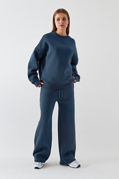 The Champ Clothing Unisex Oversized Tracksuit Set Basic Marine – Crew Neck, Wide Legs, 3 Thread Fleece-Lined Fleece