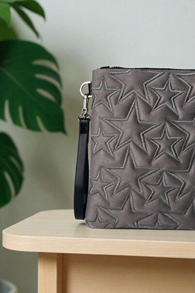 Ecrou Star Patterned Gray Suede Portfolio Bag