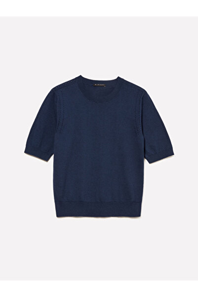 Sisley Cotton and Wool Blend Ribbed Collar Short Sleeve Sweater Women's Pale Navy Blue Sweater - 325A1Sbxm106L