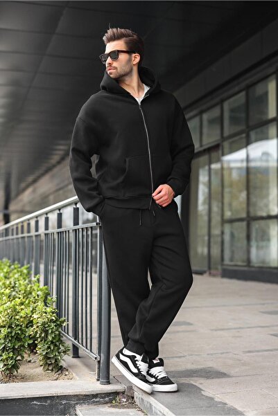 Madmext Black Double Zipper Hooded Tracksuit Set E7345