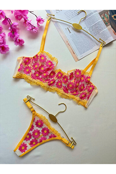 ROZENİN LINGERIE Çiçek Desenli Transparan Bralet Sütyen Takımı