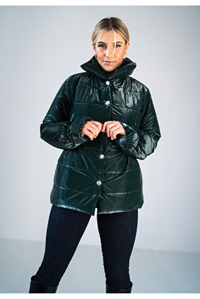 Figl Jachetă matlasată pentru femei - Jachetă strălucitoare pentru femei - Verde M933 Mărime S/M