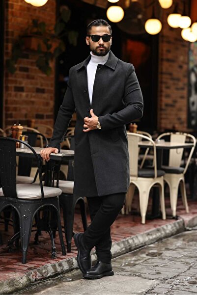 Endap Men's Oversized Anthracite Cashmere Coat with Hidden Button Detail