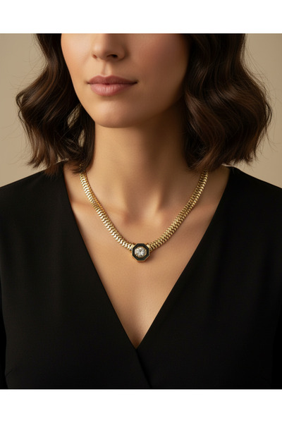 Artepieza co. قلادة من الأحجار الكريمة ذات اللون الذهبي، قلادة من الفولاذ - ق...